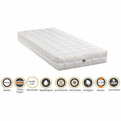 Remise 😍 NUITS D'OR Matelas Latex 70% Naturel 90x200 X 21 Cm Ferme - Spécial Sommier Electrique - Déhoussable Housse Lavable - 7 Zones De Confort - Ame Poli Lattex 33 Kg/m3 - Hypoallergénique 😉