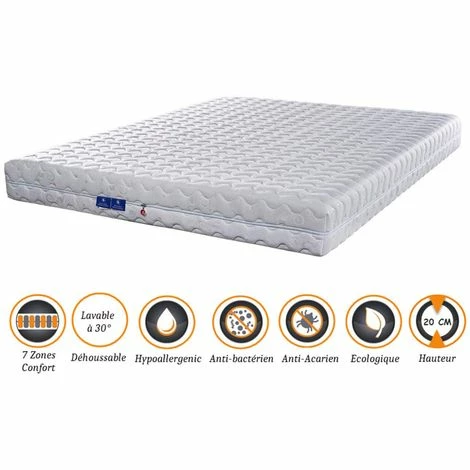 Nouveau 🛒 NUITS D'OR Matelas + Alèse 70x190 X 20 Cm Souple - Déhoussable Housse Lavable - 7 Zones De Confort - Ame Poli Lattex 33 Kg/m3 - Hypoallergénique ⭐
