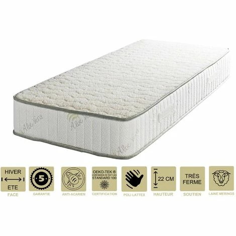 Coupon 👍 PROVENCE LITERIE Matelas Orthopédique 70x190 X 22 Cm + Oreiller Mémoire + Alèse - Très Ferme - Face Hiver Laine - Ame Poli Lattex Haute Densité - 🎁