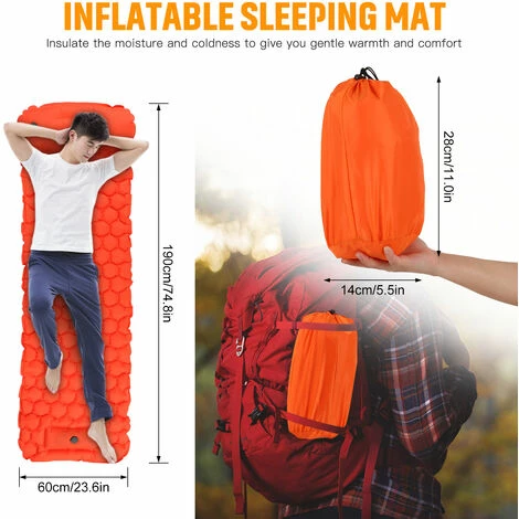 Meilleur prix 🔥 TANCYCO Tapis De Couchage Gonflable Avec Matelas à Air De Pompe à Pied D'oreiller Pour Les Voyages De Randonnée Pédestre,Orange,Modèle De Cellule Polygone 😍 – Image 3