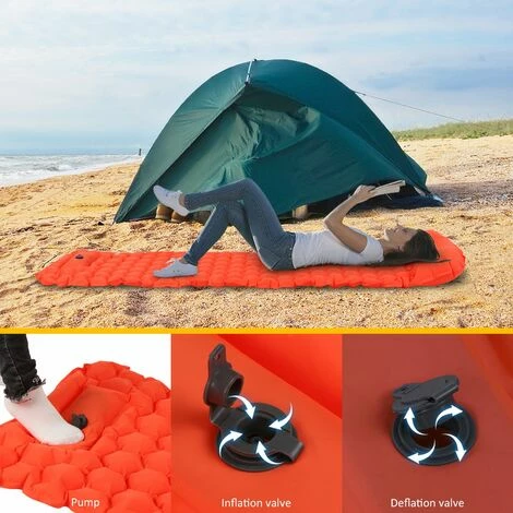 Meilleur prix 🔥 TANCYCO Tapis De Couchage Gonflable Avec Matelas à Air De Pompe à Pied D'oreiller Pour Les Voyages De Randonnée Pédestre,Orange,Modèle De Cellule Polygone 😍 – Image 5