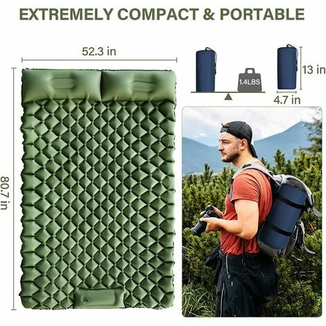 Vente flash 🔥 TANCYCO Double Matelas De Couchage De Camping, Coussin De Camping Gonflable Presse-pieds Ultraléger 2 Personnes Tapis De Camping Avec Oreiller Pour Camping Randonnée Voyage Sac à Dos Tente Et Vanlife 🎉 – Image 5
